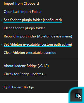 Kadenz Bridge system tray menu showing Set Kadenz plugin folder and Set Ableton executable options